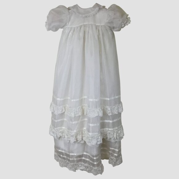 VTG Baby Christening 3-Layers Gown White Lace Satin Bonnet Underdress 3-6 M VBC - Picture 3 of 15